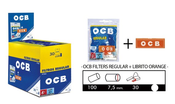 1 Caja de filtros OCB Regular. 7,5mms. tamaño medio + 1 libritos Papel Ocb Naranja dentro de cada bolsa.