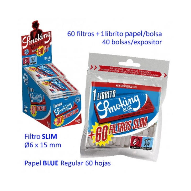 40 libritos de papel de liar Smoking azul  + 60 filtros slim en cada bolsa.