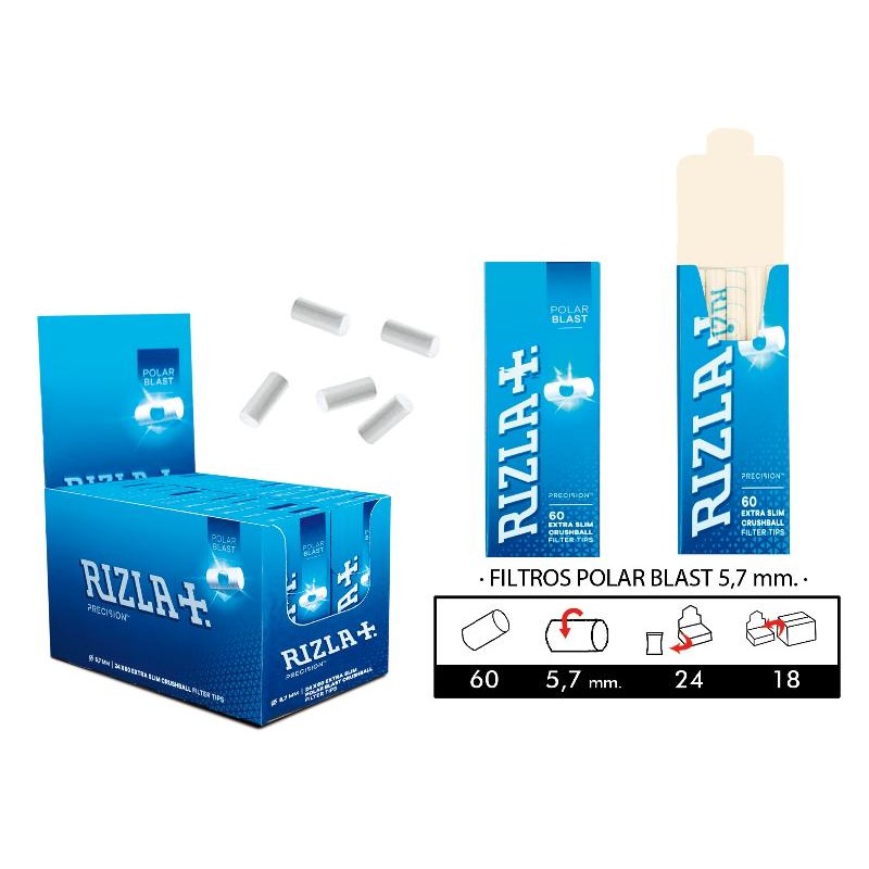 Rizla Polar Blast Extra Slim Crushball Filters (60 x 5.7mm) caja de 24 paquetes de 60 filtros mentol fuerte.