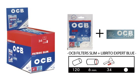 1 caja de 34 Bolsas Filtros OCB Slim 6mm.+ Papel OCB Azul dentro de cada bolsa.