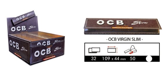 Caja con 50 libritos papel de fumar Ocb VIrgin Slim. Papel natural sin blanqueantes. .