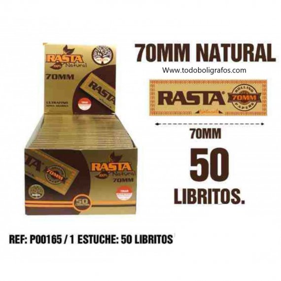 1 caja de 50 libritos Papel Rasta natural 70 mms. papel sin quimicos ni blanqueantes.