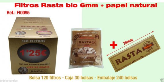 50 bolsas Filtros para cigarrillos Rasta Slim 6mm Natural 120 FILTROS + papel de fumar natural .