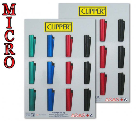 24 fundas Clipper de colores. En expositor. Mechero clipper micro con funda de metal