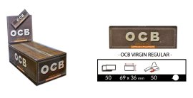 1 caja de papel OCB VIRGIN REGULAR. 1 Caja con 50 Libritos de papel natural.