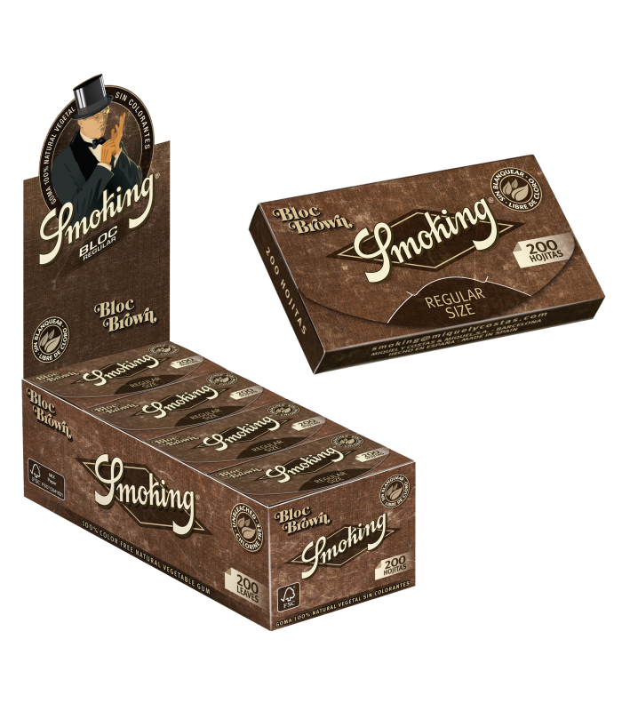 1 caja del nuevo Smoking 200 Brown. 20 Paquetes de 200 hojas cada uno, total4000 hojitas de Papel de Liar Natural.